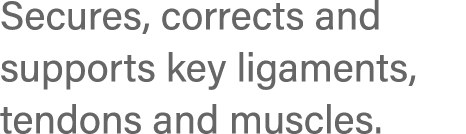 Secures, corrects and supports key ligaments, tendons and muscles 